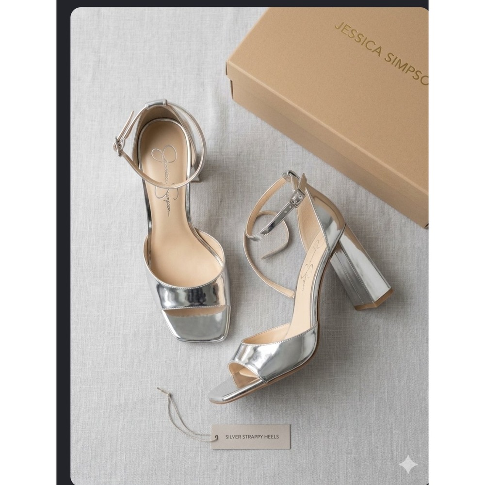Retro Silver Metallic Strappy Block Heel Sandals Square Toe